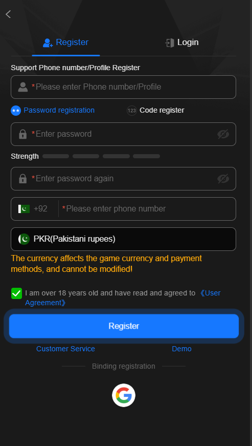 8W Game APK registration form for Pakistani users