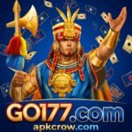 GO177 Game APK download logo featuring Aztec Inca leader character with playing cards on apkcrow.com