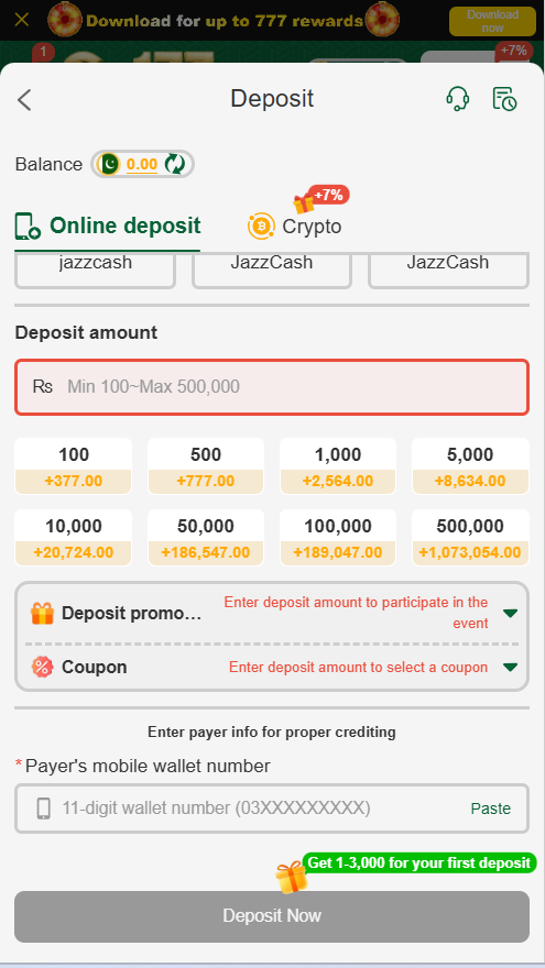 GO177game JazzCash online deposit methods and bonus promotion interface