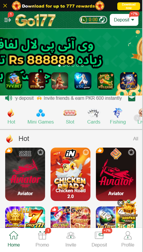 GO177gamee home screen showing popular games like Aviator, Chicken Road 2, and VIP bonus banners