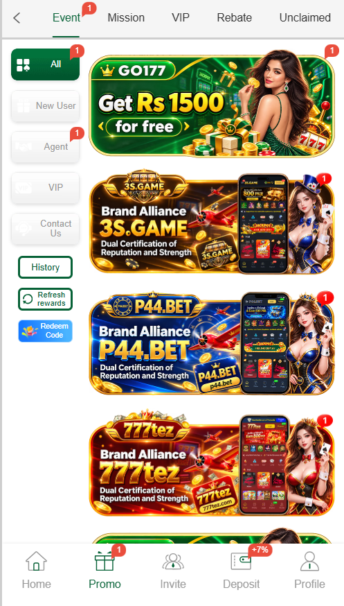GO177-game promo events page showing free 1500 bonus and brand alliances