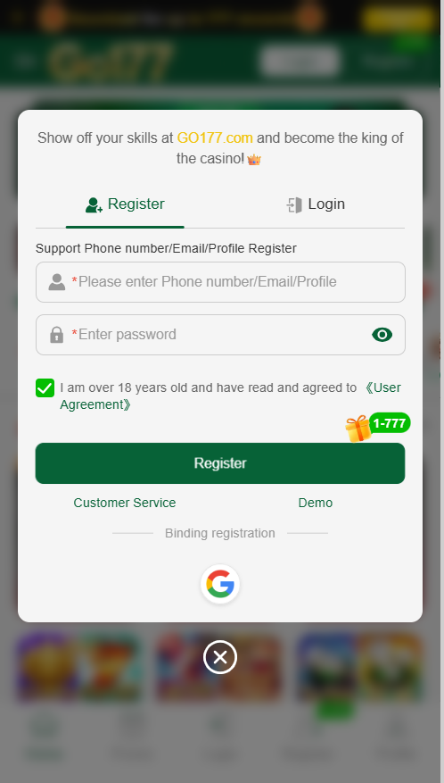 GO177_game register and account login popup screen on mobile app