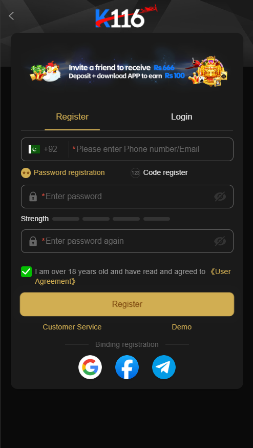 K116 game download APK interface showing real money earning options and wallet balance for Pakistani players