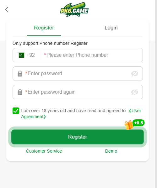 PKR6 GAME  REGISTERATION AND LOGIN 