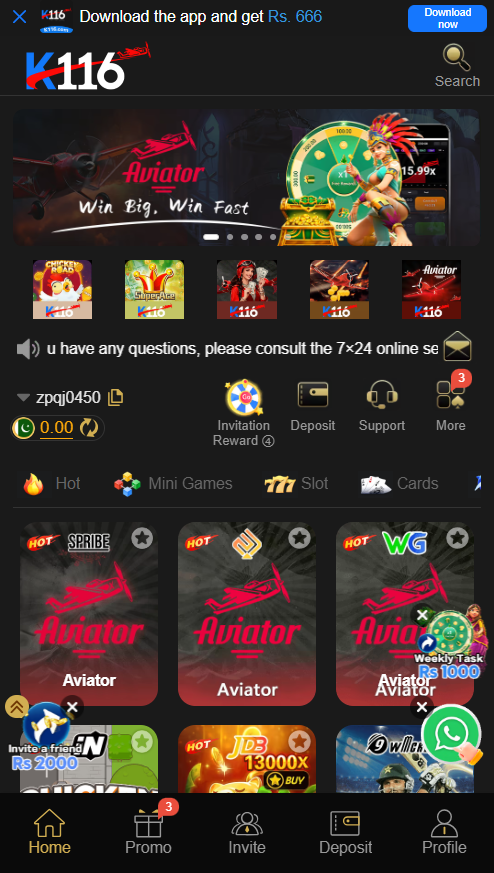 K116 game download APK interface showing real money earning options and wallet balance for Pakistani players